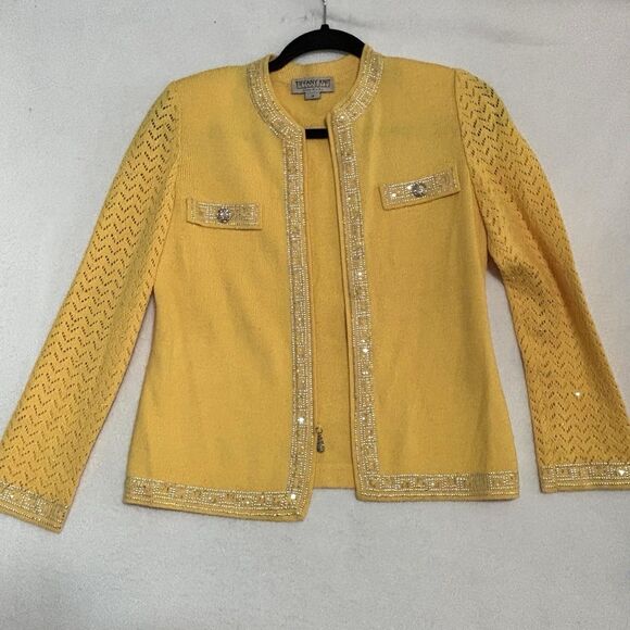 TIFFANY KNIT COLLECTION Yellow Cardigan Sweater Rhinestones USA Made - Picture 1 of 7